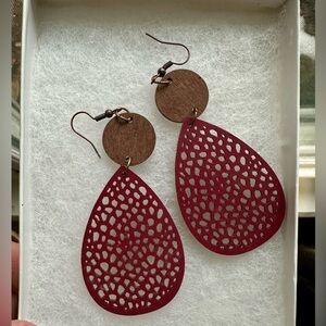Brown and Burgundy wooden Teardrop Earrings